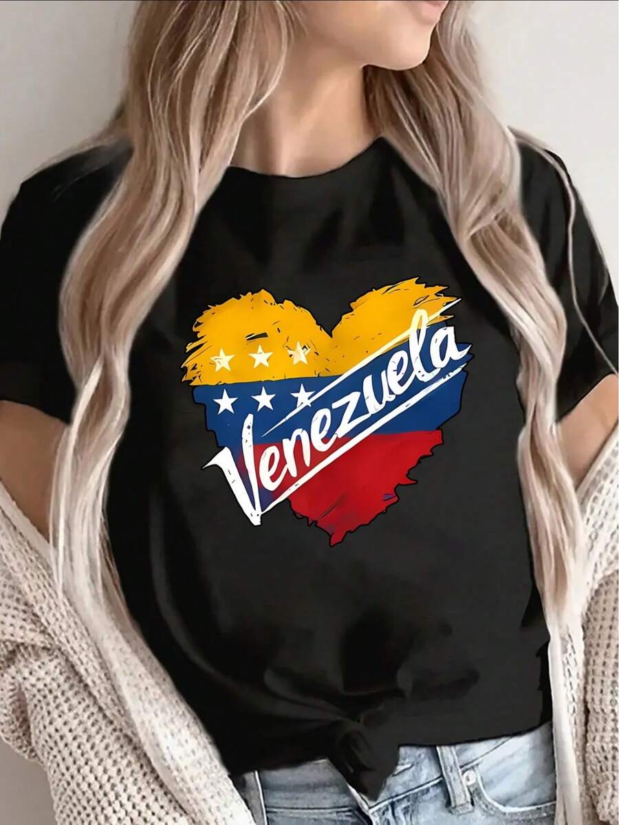 Camiseta de mujer 100% algodón con diseño de corazón y bandera de , perfecta para salidas informales en casa, el trabajo o mientras viajas. Es ligero, duradero, ofrece un ajuste cómodo y expresa sentimientos patrióticos. Ropa Casual de Uso Diario - Negro - Ver 1