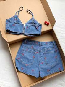 Conjunto de camiseta de tirantes con bordado de cerezas y shorts vaqueros informales para mujer, de verano - Lavado ligero - Ver 2