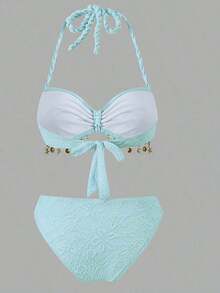 Conjunto de 3 piezas de traje de baño con decoración de tiras tejidas y textura de conchas para mujer, ideal para vacaciones en la playa - Azul - Ver 3
