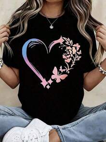 Camiseta vintage con estampado de corazón, llave, flores y mariposas, diseño romántico blanco para uso casual y atuendos diarios. Ropa casual deportiva, athleisure, ropa urbana, cómoda y suave, tela transpirable, ligera, corte relajado, diseño clásico, estilo atemporal, atuendos de verano para mujer, atuendos de primavera para mujer, ropa de verano, ropa para el Día de San Patricio para mujer, primavera, atuendos de primavera, primavera, ropa vintage para mujer, tops de verano para mujer, tops para mujer, ropa de mujer, ropa de primavera, tops lindos para mujer, tops bonitos para mujer, atuendos de vacaciones para mujer, atuendos de verano para mujer, atuendos de verano, atuendos de playa, moda. - Negro - Ver 6