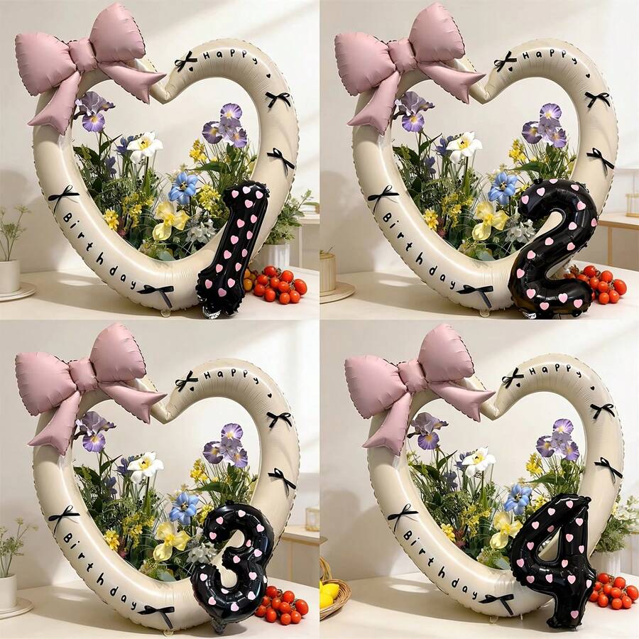 Juego de globos de lámina con forma de corazón de 40 pulgadas de color crema (números del 0 al 9) con lazo de cinta de satén negro y pegatina "Feliz cumpleaños", decoración de globos con lazo rosa, adecuado para fiestas de cumpleaños, eventos al aire libre, aniversarios, fondos de boda - Número con lazo en forma de corazón recortado de color crema - Ver 1