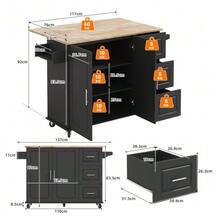 Large Mobile Kitchen Table L137*W43(76)*H92cm, Oak Top, Foldable, Multifunctional Furniture, 3 Drawers, Towel Rack, Ideal For The Kitchen, Dining Room, Home - Black - View 4