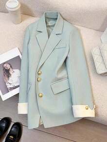 Blazer casual con cuello de solapa y botones para mujer, primavera - Verde - Ver 3
