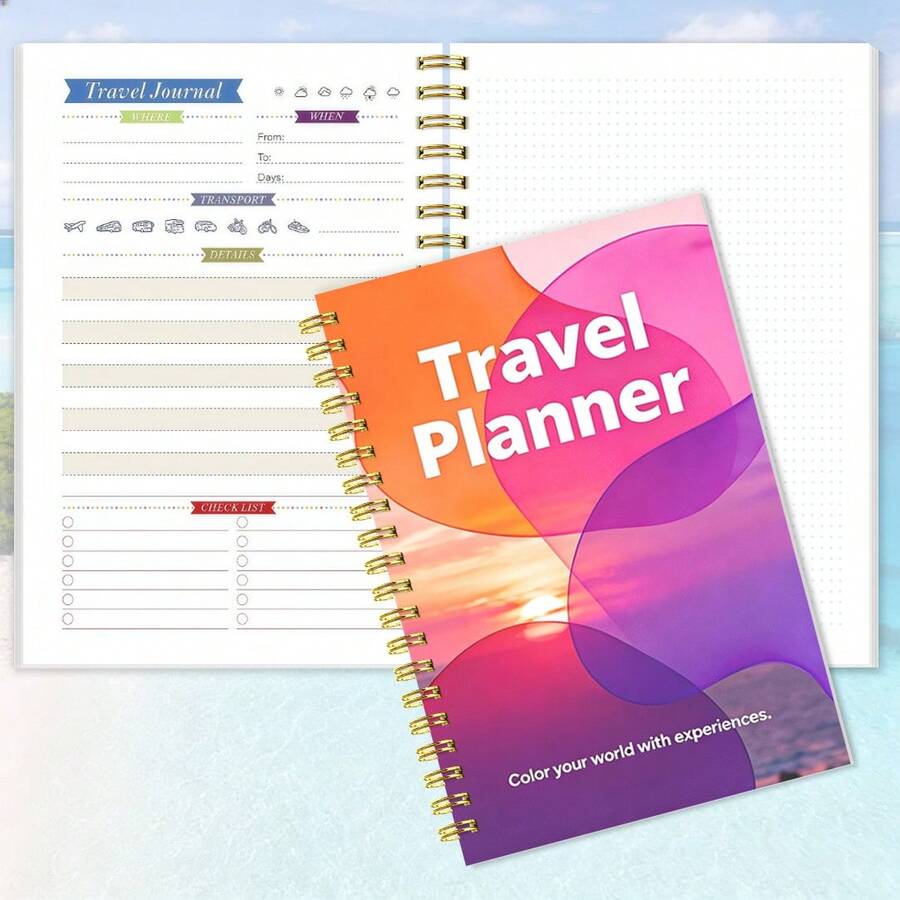 1 pieza Cuaderno planificador de viaje con tema A5 - Diseño de portada artística con degradado rosa-púrpura de atardecer sobre el mar, encuadernación espiral, adecuado para diario de viaje romántico, diario de viaje de paisaje, escritura del estado de ánimo del viaje, mejor regalo para parejas, familia, amigos y amigas - A5 - Ver 1
