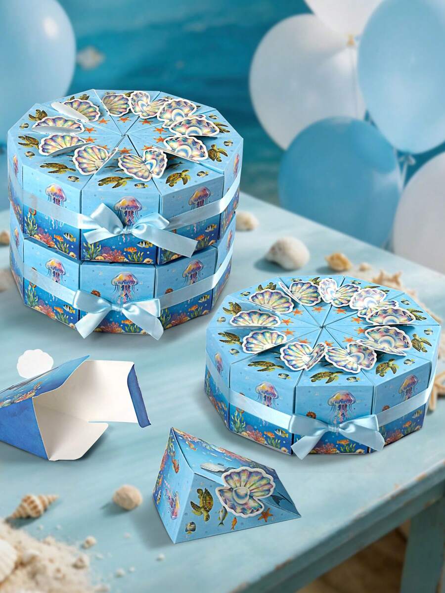 20pcs/10pcs Creative Cake-Shaped Ocean Style Gift Box Set, 3D Iridescent Shell Decor Gift Boxes, Separable Triangle Boxes, Light Blue Sea Turtle, Whale, Jellyfish Pattern, Suitable For Candy, Small Gifts, Favors, Birthday Party, Baby Shower, Wedding, Holiday, Desktop Decor