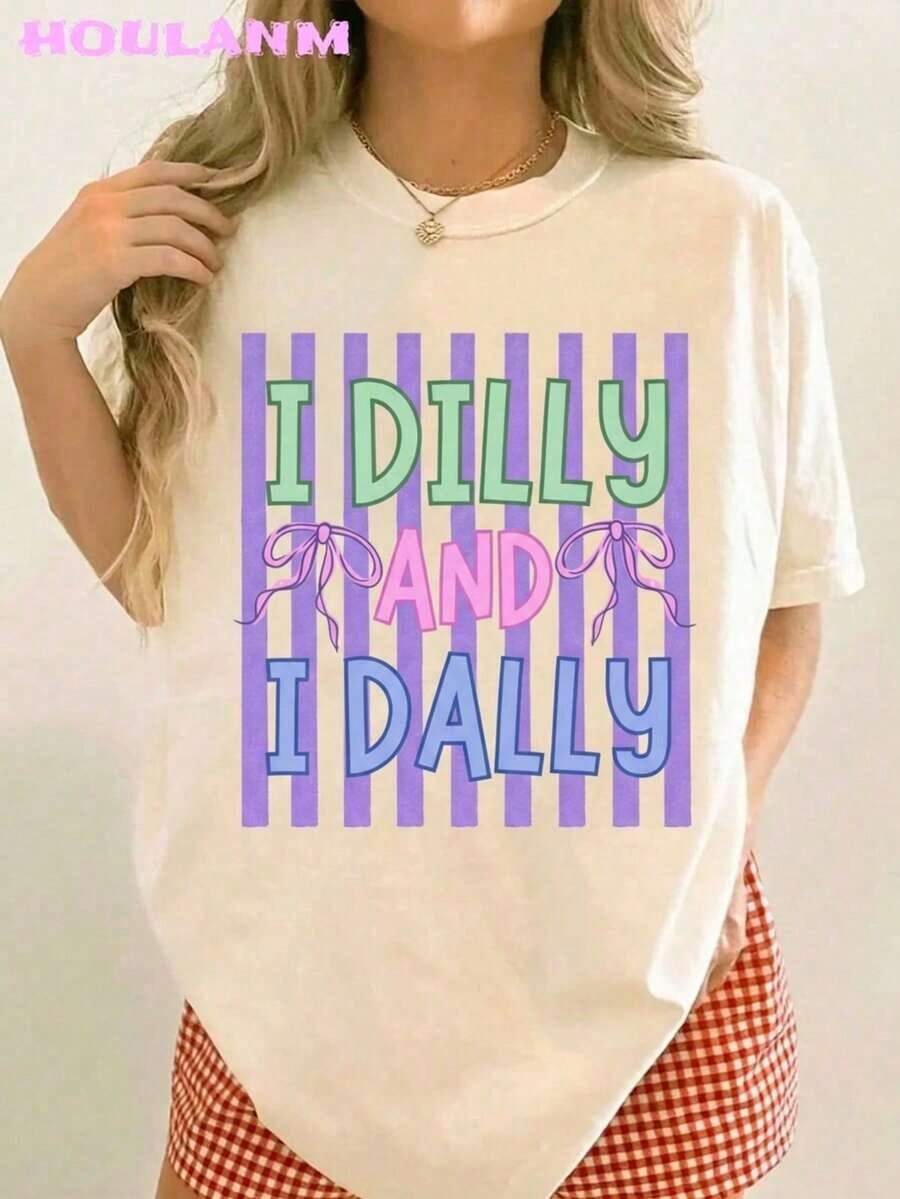 GiftGiftGiftGiftMexican National Soccer Team T-Shirt Women's Pink Striped Graphic T-Shirt "I Dilly And I Dally" | Spring Tops, Plus Size Short Sleeve T-Shirt, Women's Clothing, Women's Summer T-Shirts, Soft.SoftSoft - 杏子 3 - 查看 1