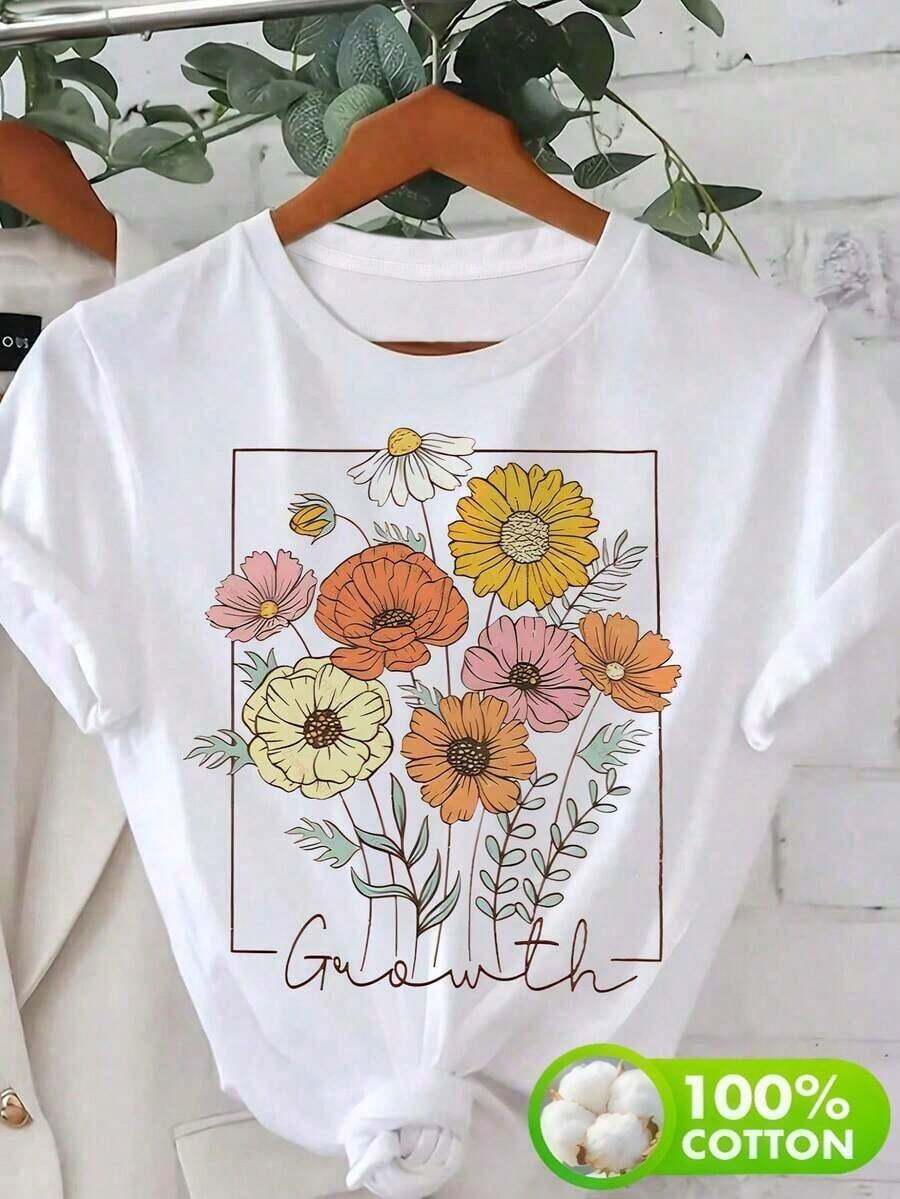 Camiseta de manga corta para mujer, con cuello redondo y estampado floral, cómoda, sencilla y elegante. - Blanco - Ver 1