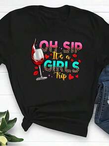 100% bomull Dam T-shirt "Oh Sip It's A Girl's Trip" med korta ärmar och rund hals, ledig passform, bomulls-t-shirt för grupputflukter, sommaroutfit dam. - Svart - Visa 6