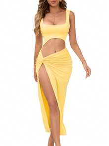 Bestseller Vestido Largo Sensual Sin Tirantes Diseño Hueco Color Solido - Amarillo - Ver 3
