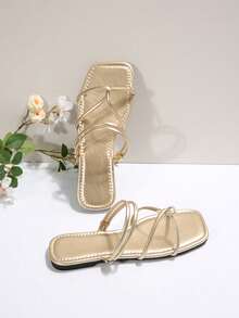 French Solid Color Elegant Vacation Fashion Casual Goddess Commute Retro Business Party Cross Strap Women Simple Fashionable Linear Graceful Elegant Wind Flat Sandals Beach Wedding Party Office Home Outdoor Summer - Gold - View 4