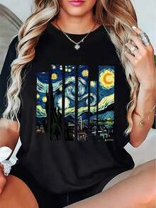 Camiseta De Noche Estrellada De Van Gogh para Mujer: Camiseta Informal Ligera De Manga Corta con Cuello Redondo Y Estampado De Ciprés Y Cielo Nocturno Icónico, Ajuste Cómodo para El Hogar, La Cafetería, Las Actividades Al Aire Libre - Color - Gris - Ver 6