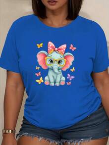 Camiseta clásica con estampado de elefante de dibujos animados, camiseta de cuello redondo estampada, top versátil para el día a día, camiseta casual de manga corta para mujer, nuevo estilo, diseño moderno, éxito de . - Azul - Ver 3