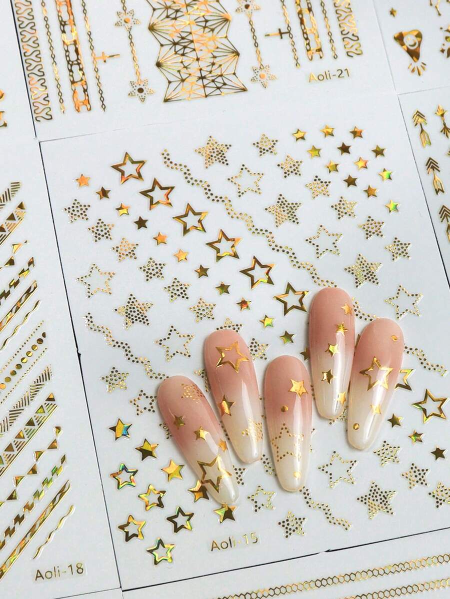 12片/套 金箔星星、月亮、字母混合设计美甲贴纸，自粘3D INS Y2K美学防水DIY美甲沙龙艺术装饰