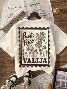 Camiseta casual de mujer con cuello redondo y manga corta, con un estampado gráfico de palmeras y cocoteros en el borde, ideal para vacaciones de primavera y verano. - Desnudo - Ver 2