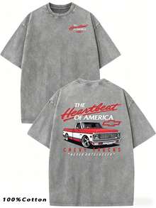 Vintage Washed Oversized Black Chevy Trucks Graphic Tee With "The Heartbeat Of America" Typography & Classic Red-White Truck Print For Automotive Enthusiasts , Men's And Women's 100% Cotton Tops, Retro Double-Sided Printed Design, Gifts For Boyfriends, Girlfriends And Family. - Xám - Xem 1