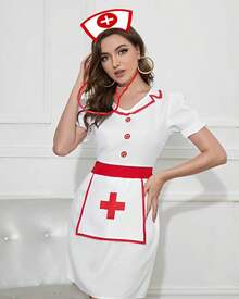Set de accesorios para disfraz de enfermera (Halloween) - Incluye diadema, estetoscopio, medias, jeringa de simulación, liguero y asistente médico - Ideal para trabajo, disfraces, fiestas temáticas y carnaval. - Blanco - Ver 5
