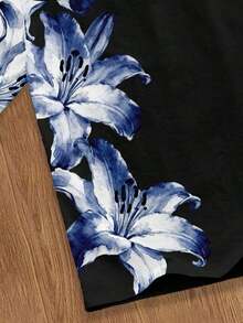 Camiseta de manga corta blanca de ajuste regular con estampado digital de teñido anudado de plantas y flores, adecuada para citas de verano, reuniones, camiseta gráfica a juego con flores rosas para hombres - Negro - Ver 2