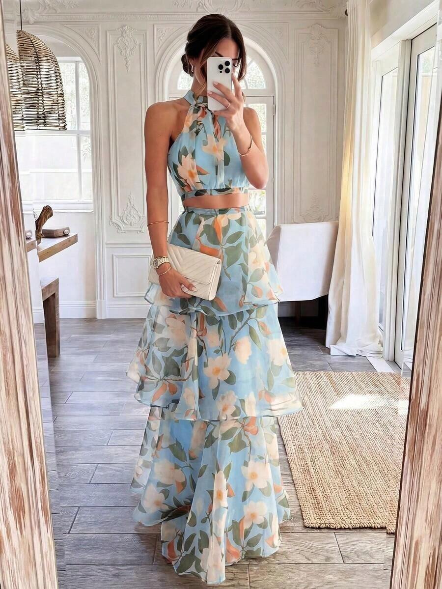 Conjunto de 2 piezas elegante y casual para vacaciones, citas románticas en la playa de verano, atuendo de playa para mujer en color rosa - Azul - Ver 1