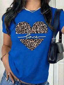 Suave Playera Blanca de Mujer con Corazón de Leopardo, Camiseta con Frase de Amor y Estampado Animal, Blusa de Estética Boho y Moderna, Top Casual para Regalo de Mujer o Ropa Diaria, blusas para mujer elegante - Azul - Ver 6