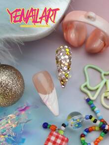 10pcs Y2K Rhinestone Press On Nails, Nude Pink Base With Silver Metal Frame & Colorful Gem Accents, Long Stiletto Full Cover Acrylic Fake Nails, Reusable False Nail Kit For Women, Perfect For Party, Rave, Daily & Kawaii Events, Nail Supplies - Mint Green - View 6