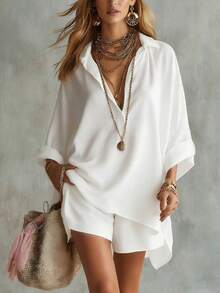 Women's Linen Blend Two-Piece Outfit, Oversized Roll-Up Sleeve Shirt And High Waist Shorts Set, Casual Loose Summer Beach Co-Ord - Màu Khaki - Xem 8