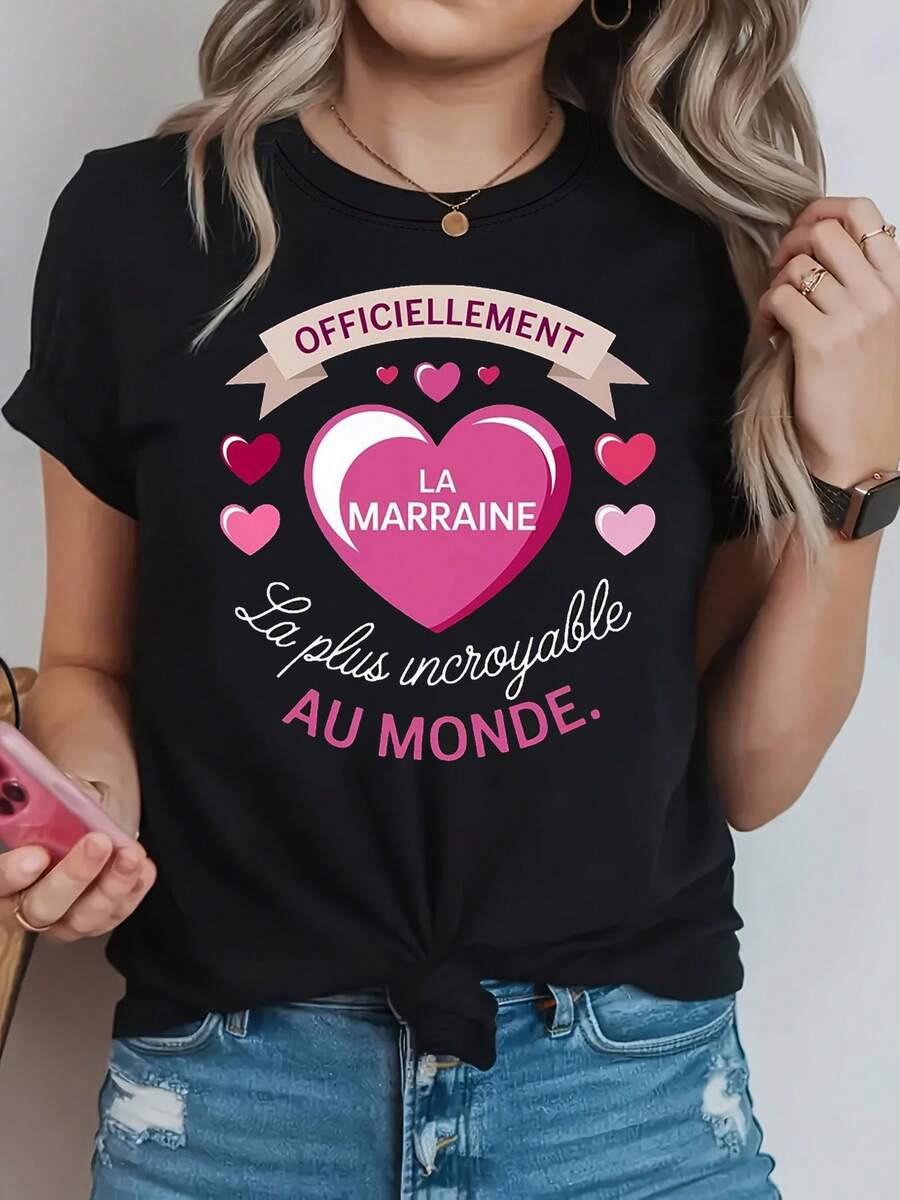 Camiseta holgada para mujer con temática de madrina francesa - Gráfico de corazón cálido, manga corta casual, prenda superior versátil conmemorativa de identidad - Negro - Ver 1
