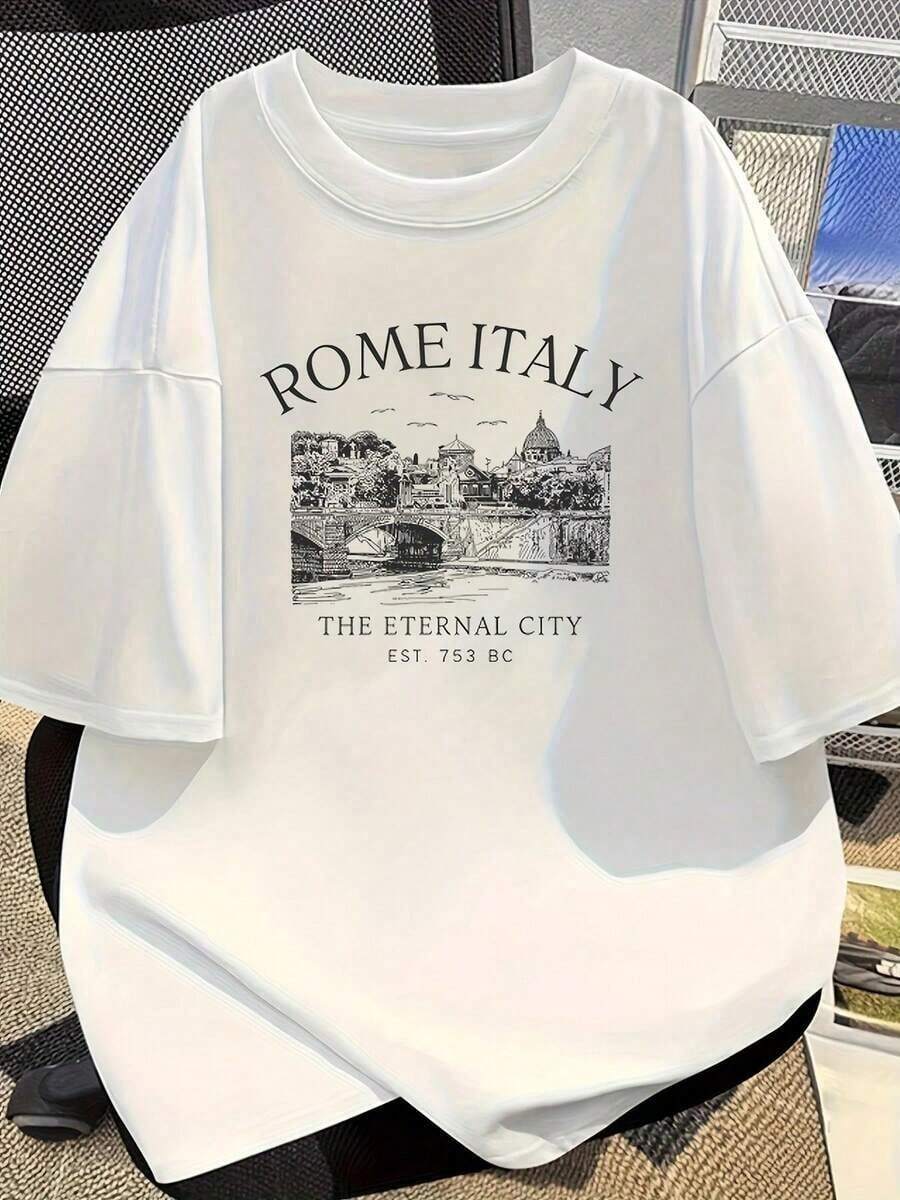 Simple And Versatile Design. New Women's Summer T-Shirt, White, Short-Sleeved, With Retro Cartoon Print, Loose Fit. Women's Blouses, Boho Chic Blouses, Gifts For Mom, Teacher, Mother's Day, Women's T-Shirt. Cotton T-Shirt - 白色 - 查看 1