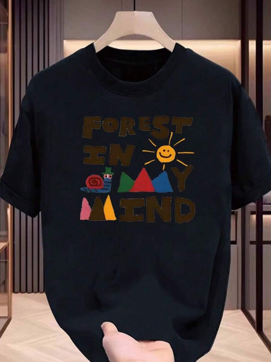 Vintage American Retro Cotton T-Shirt With Letter Print For Men And Unisex - Round Neck, Short Sleeve, Casual And Breathable Style, Ideal For Summer - Unisex Round Neck Short Sleeve T-Shirt For Women. - 黑色 - 查看 1