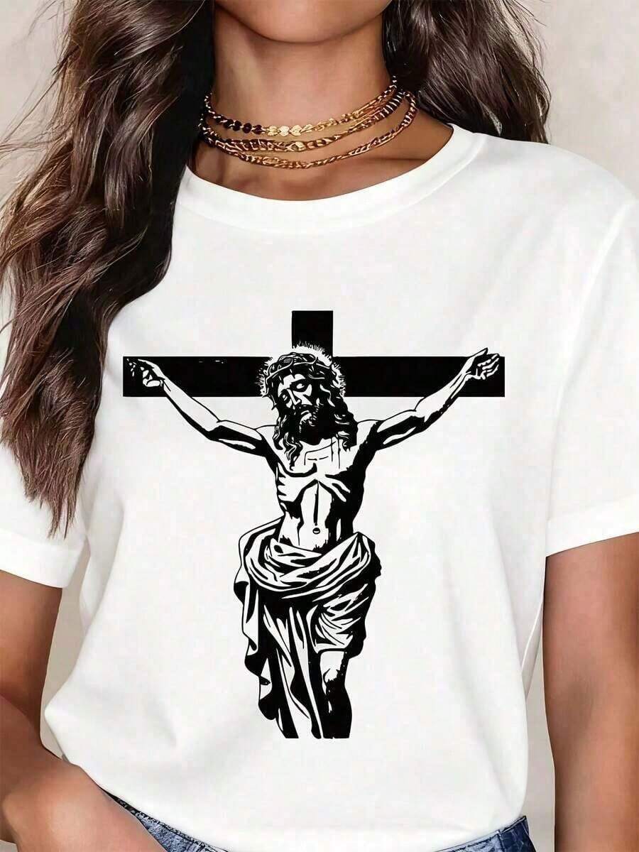 White Crew Neck T-Shirt With Jesus On The Cross Print, Religious Design For Everyday Wear And Expression Of Faith | Christian Faith | Bible Verses/Footprints Of Jesus | Pure Cotton, Soft And Breathable | For Everyday Wear/Church | Preferred By Believers And As A Gift - 白色 - 查看 1