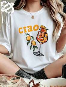 ALL IS ONE 100% Algodón Puro Playera para Mujer con Estampado "Ciao" Naranja y Cóctel, Calidad Premium, Transpirable y Suave al Tacto - Blanco - Ver 7