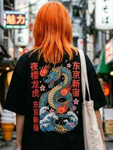 Camiseta de mujer con estampado gráfico de dragón y olas de Ukiyo-E de Tokio, estilo casual, vintage, de manga corta, cuello redondo, estilo Y2K, estética Harajuku, ropa de calle, ligera, transpirable y cómoda para uso diario, ideal para convenciones de anime, eventos culturales japoneses, estilo callejero, festivales de música, salidas informales, regalo para entusiastas de la cultura japonesa y el arte del dragón. Cómoda y ligera. - Negro - Ver 8