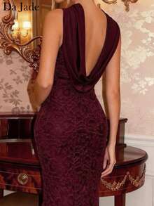 Da Jade Elegant Wine Red Lace Strapless Dress, Draped Collar Fitted Mermaid Hem, Vintage Sexy Formal Style, Suitable For Commute, Date, Party, Wedding, Valentine's Day And Other Occasions - Burgundy - View 5