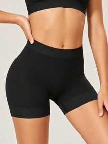 Runway Rest Solid Color Wide Waistband Cycling Shorts, Seamless Smooth Boyshort Panties, Suitable For Pairing With Skirts And Shorts - Black - View 2