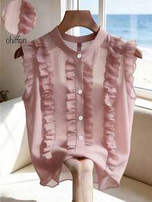 Blusa de mujer de gasa negra con lunares, elegante y romántica con volantes en el bajo - Rosa 2 - Ver 5