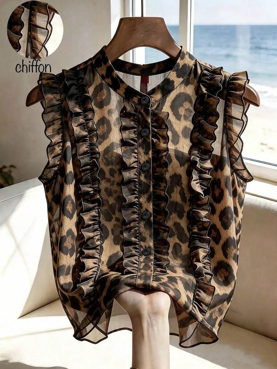 Blusa de mujer de gasa negra con lunares, elegante y romántica con volantes en el bajo - Marrón - Ver 1