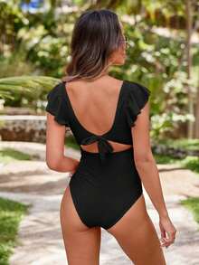 Swim Vcay Ropa De Playa De Moda Para Embarazadas, Con Escote En V, Borde Con Volantes Y Huecos - Negro - Ver 2