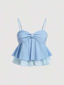 Top de tirantes con volantes y pliegues de color rosa dulce para mujer, top corto de verano - Azul - Ver 8