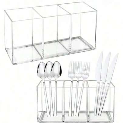 1 pieza Organizador de cubiertos con 3 compartimentos, caja de almacenamiento transparente para brochas de maquillaje, útiles de oficina, tenedores, cucharas y cuchillos, adecuado para fiestas, encimera de cocina, vuelta al colegio