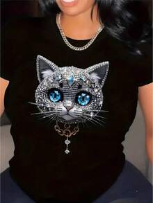 Camiseta 80% algodón con estampado de cara de gato siamés 's & 'S - Retrato felino negro, azul y blanco, cuello redondo, manga corta, corte holgado casual para amantes de los gatos, ropa urbana cómoda para todas las estaciones (Halloween y - Negro - Ver 1