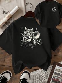 Gato tocando trombón rodeado de notas musicales simboliza la alegría artística y la energía creativa expresada con humor y ternura camiseta de mujer estampado doble cara casual moderna - Negro - Ver 8