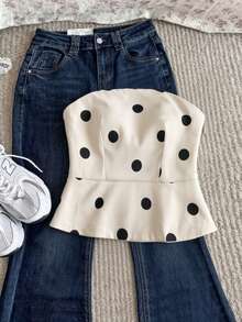 Top ajustado de tirantes con estampado de lunares, estilo retro streetwear para mujer - Albaricoque - Ver 1