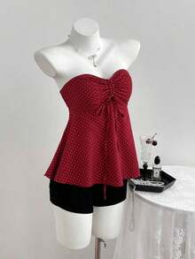 Top de tirantes con cintura ceñida y estampado de lunares, trajes de baño de primavera/verano para mujeres con parte superior de lunares con lazo, blusas de verano para mujeres con estampado de lunares, top sin tirantes con estampado de lunares - Burdeos - Ver 7