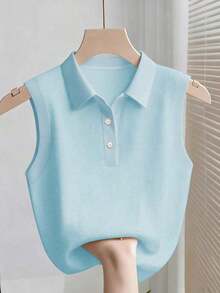 Camiseta sin mangas de mujer de punto acanalado, elegante y de moda - Azul - Ver 6