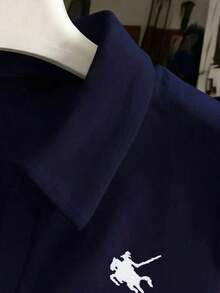 Camiseta de manga corta ajustada con cuello bordado para mujer - Azul marino - Ver 4