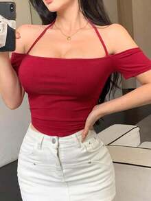Camiseta de manga corta ajustada con cuello halter para mujeres para ir de fiesta, Tops cortos de verano para mujeres - Rojo - Ver 7