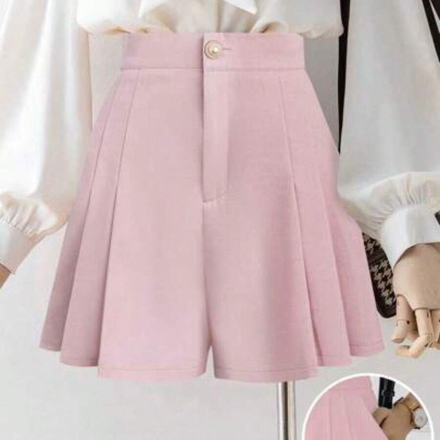 New Women's Woven Fabric Pleated A-Line Front Zipper Back Elastic Waist Slimming Mid-Waist Casual Comfortable Elegant Shorts - Rosa - Ver 1