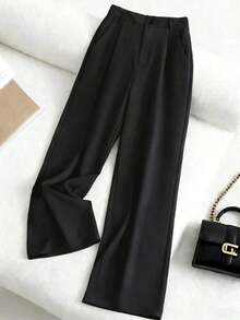 Pantalones casuales de mujer de unicolor con bolsillo oblicuo y pliegues - Negro - Ver 6
