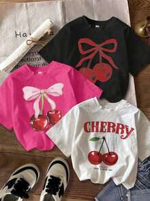 Set de 3 camisetas de manga corta de ajuste ceñido con estampado de cereza en estilo minimalista casual, adecuadas para el verano - Multicolor 2 - Ver 7