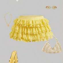 Qadelle Women's Yellow Plain Knitted Mini Shorts Tiered Layer Track Shorts Casual Style - Amarillo - Ver 1
