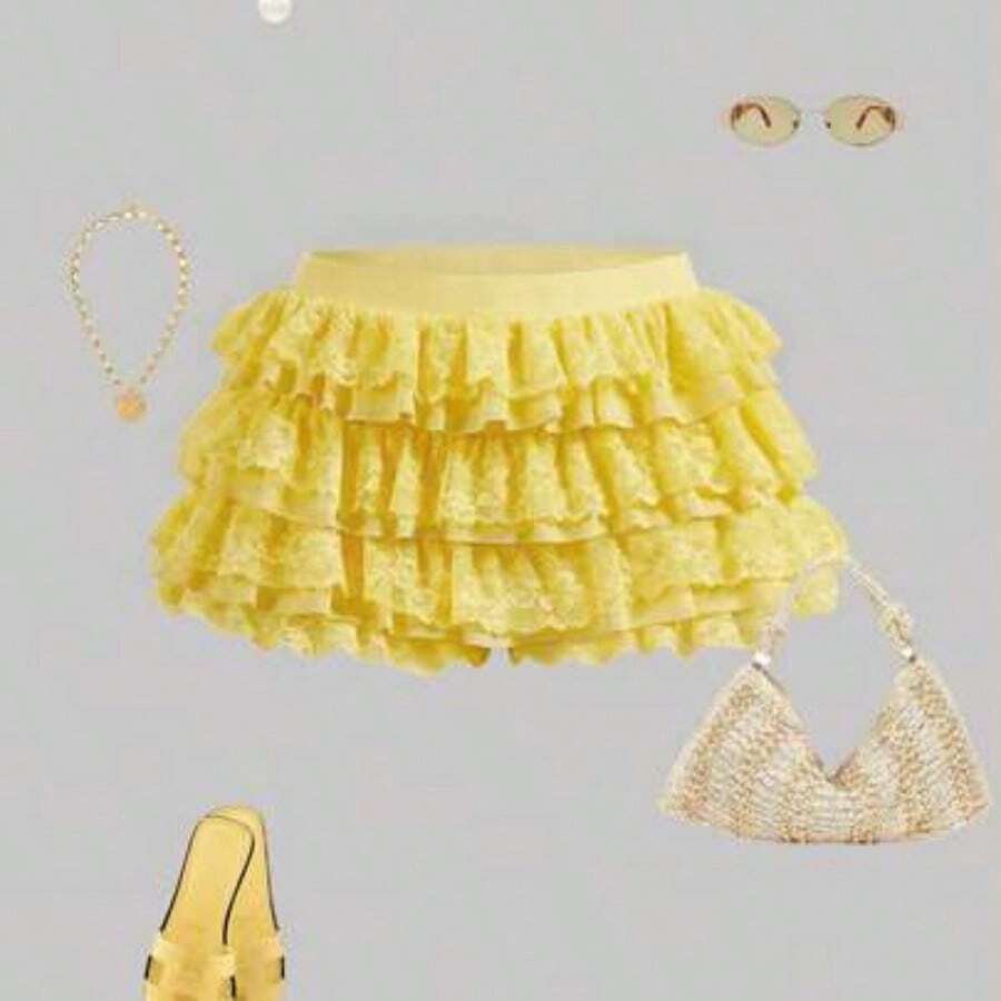 Qadelle Women's Yellow Plain Knitted Mini Shorts Tiered Layer Track Shorts Casual Style - Amarillo - Ver 1